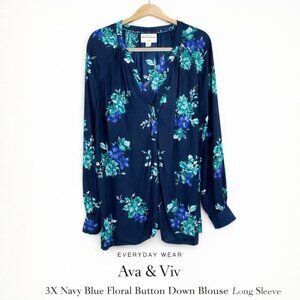 Ava & Viv 3X Navy Blue Floral Button Down Blouse Long Sleeve